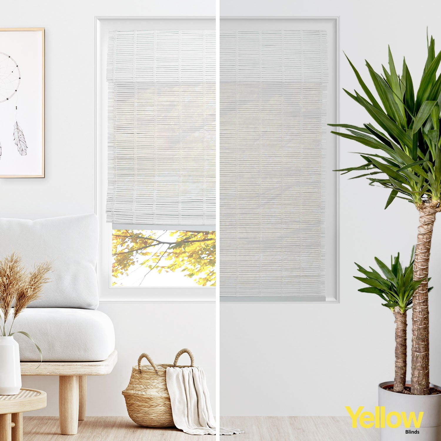 Yellow Blinds 29"W x 64"H Natural Woven Cordless Light Filtering Bamboo Roman Shades for Window, Vanilla
