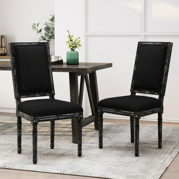 2 Black Upholstered Dining Chairs - French Country Design With Rectangular And Fluted Legs In Black, ,