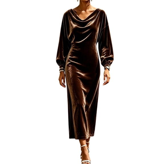 Ruimatai Women Velvet Midi Dress Cowl Neck Balloon Long Sleeve Bodycon Formal Party Dresses