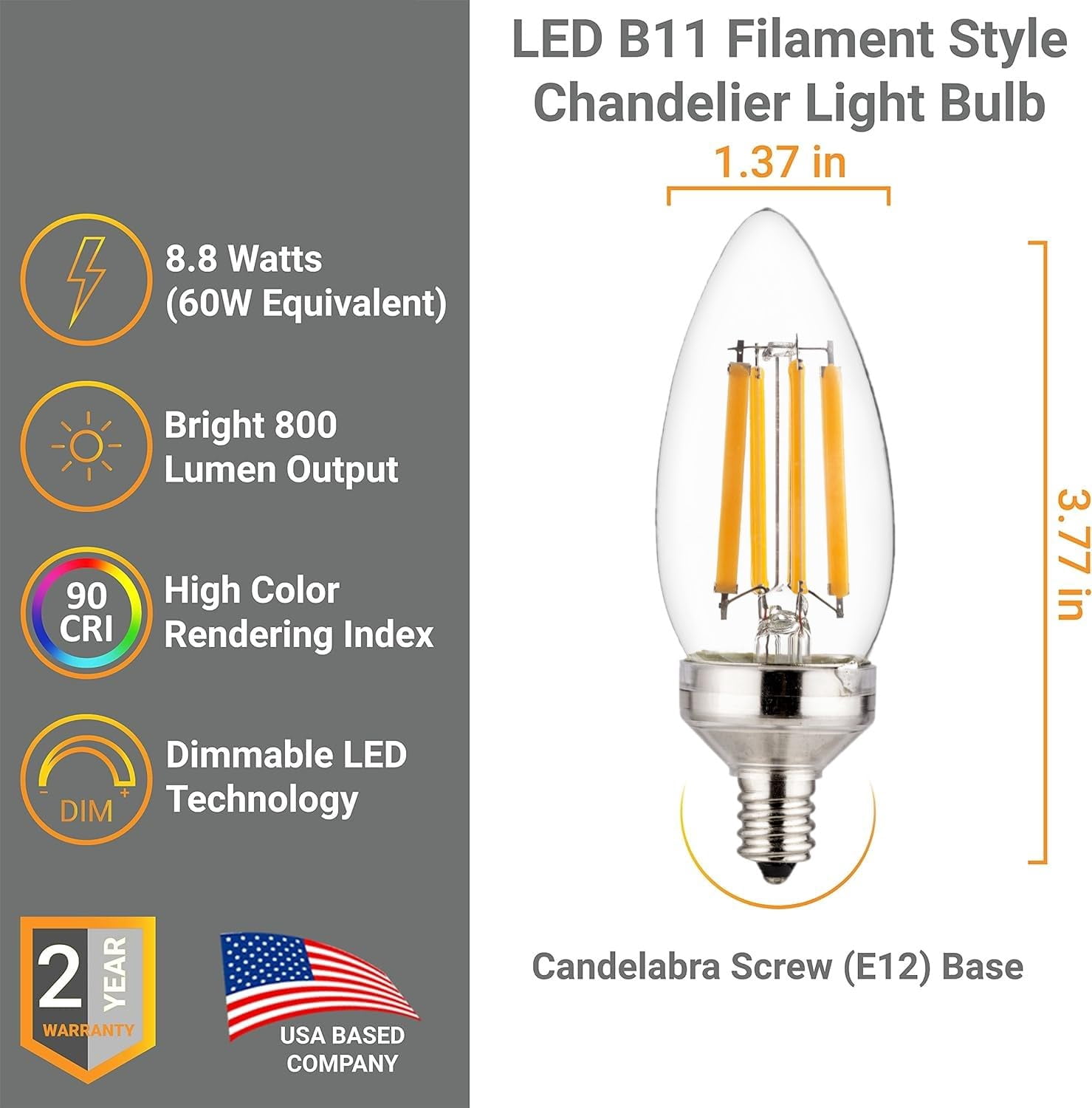 Diodesy- Pack of 6 CTC/LED/FS/8.8W/E12/CL/50K E12 LED Candelabra Dimmable Light Bulb, 8.8W (75-Watt Equivalent), 5000K Bright White, B11 Edison Bulb for Chandeliers and Ceiling Fan, 800LM, UL Listed