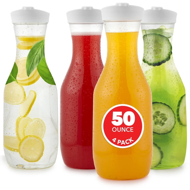 Jarra de jugo de plástico con tapas (juego de 4) Jarras de 50 oz para barra Mimosa Jarra de bebidas con tapa Botella de agua Contenedor de leche Contenedores de bebidas transparentes para almacenamien