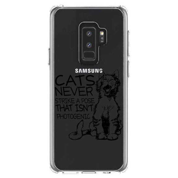 DistinctInk Clear Shockproof Hybrid Case for Samsung Galaxy S9  PLUS (6.2" Screen) - TPU Bumper Acrylic Back Tempered Glass Screen Protector - Cats Never Strike a Pose not Photogenic