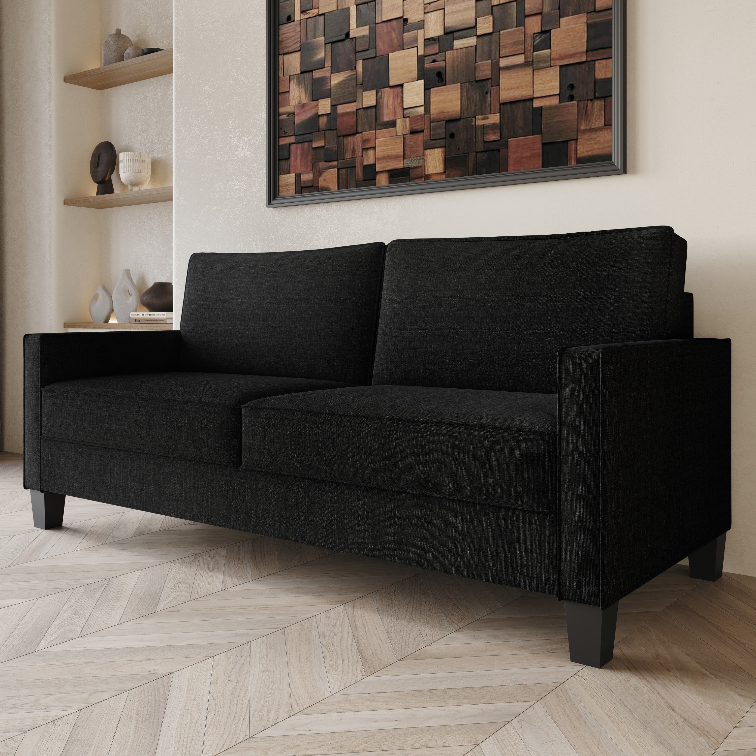 Home Design Marcia 3-Piece Square Arm Living Room Set with Armchair, Loveseat, and Sofa, Modern Upholstery and Black Legs, Black