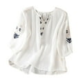 thumbnail image 1 of T-Shirt Vintage Brodé pour Femmes - Col Rond Manches Courtes Blouse Respirante, 1 of 6
