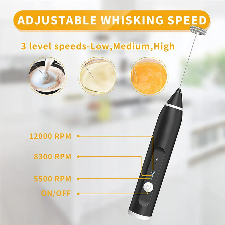 [Upgraded] KURSINNA Powerful Rechargeable Milk Frother Handheld with 3  Speed, USB-Charge Hand Frother with 2 Stainless Whisks, Coffee Frother for