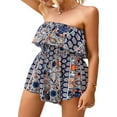 thumbnail image 3 of Women‘s Boho Romper Off Shoulder Elastic Waist Ruffle Shorts Jumpsuit Strapless Playsuit Flowy Beach Jumpsuit, 3 of 6