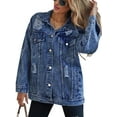 thumbnail image 2 of Women'S Long Oversized Denim Jacket Boyfriend Ripped Distressed Jean Jackets Coat Dark Blue L, 2 of 9