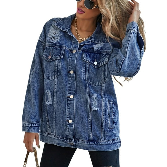 Women'S Long Oversized Denim Jacket Boyfriend Ripped Distressed Jean Jackets Coat Dark Blue L