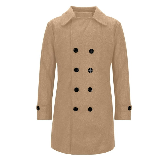 HOOMEUMY Men's Peacoat Wool Blend Double Breasted Winter Coat Warm Overcoat Classic Solid Casual Outerwear Khaki L