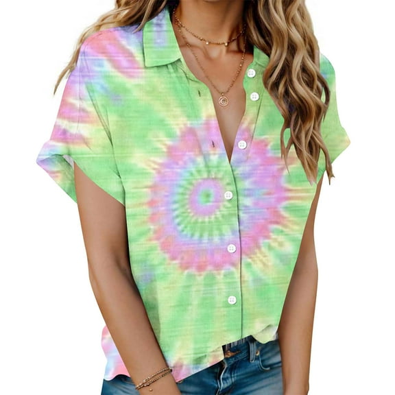 Summer Savings Deals Wuchoa Women Shirt Summer Basic Tops Dressy Casual Button Down Lapel V Neck Roll Short Sleeve Rainbow Tie Dye Vacation Outfits Tee Shirts 2025 Vacation White Shirt Clothes