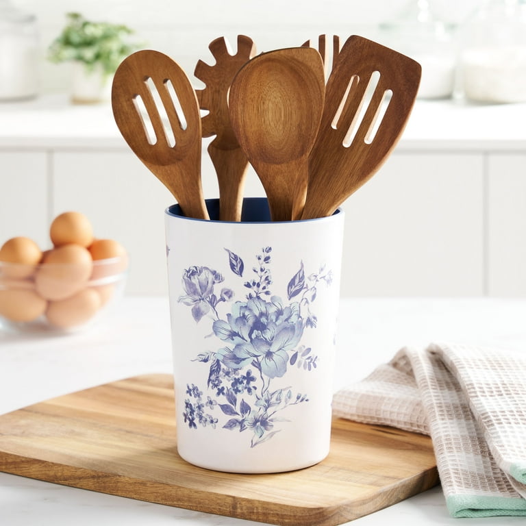 The Pioneer Woman Acacia Wood and Bamboo Melamine Crock Set, Blue