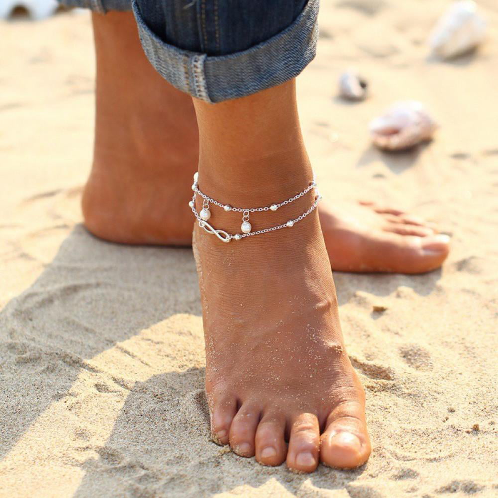 Women Infinity Love Double Chain Anklet Bracelet Pearl Beach Barefoot Jewelry