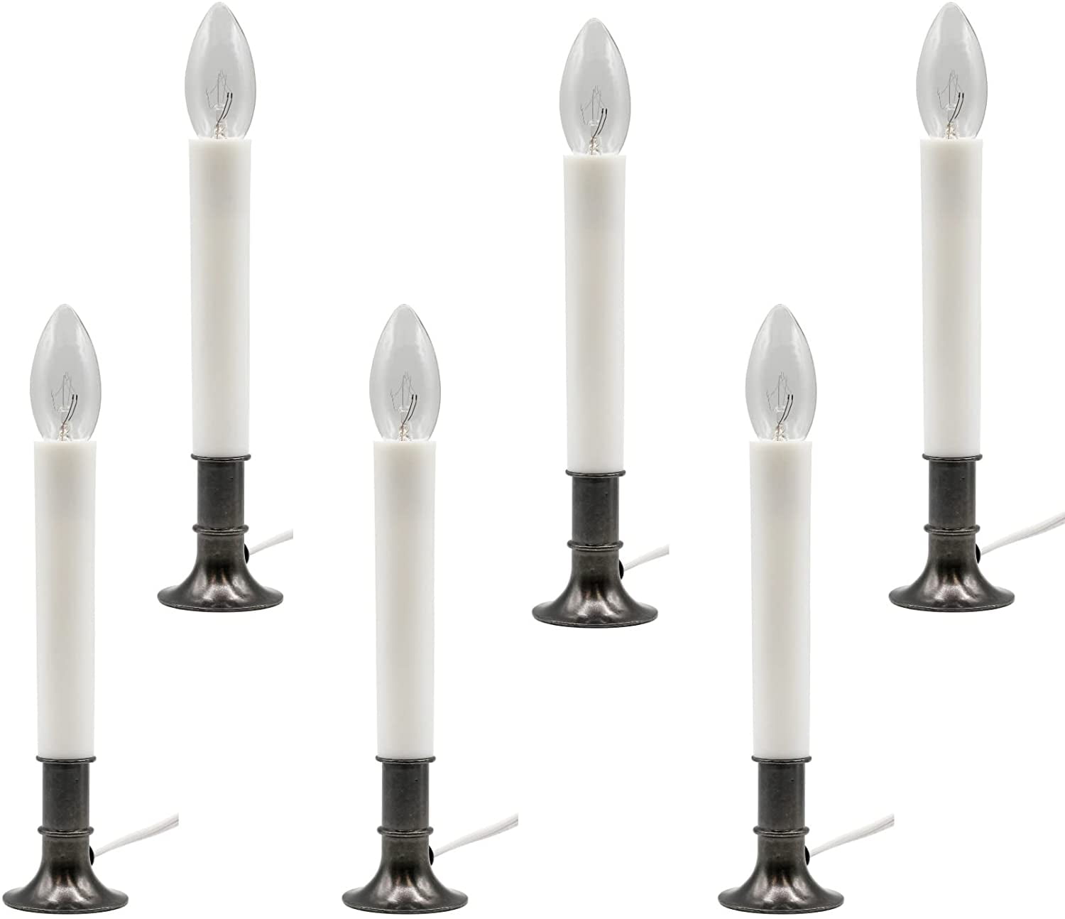 6 Pack of Electric Window Candle Lamps with Pewter Plated Base, Dusk to