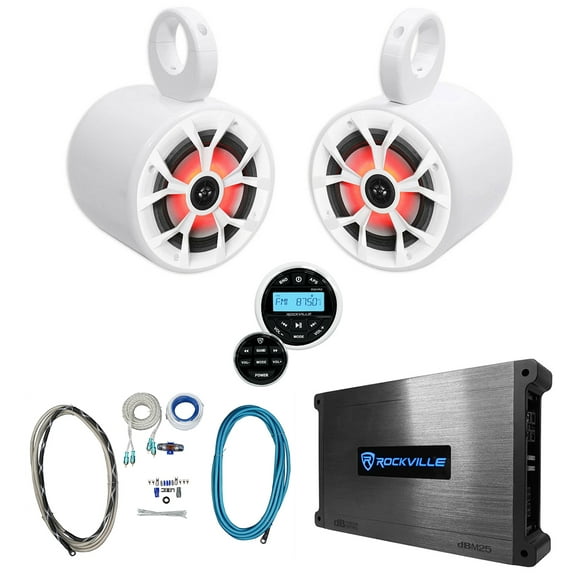 2) Rockville 6.5" 700w Marine Wakeboard LED Speakers Receiver Amplifier Amp Kit