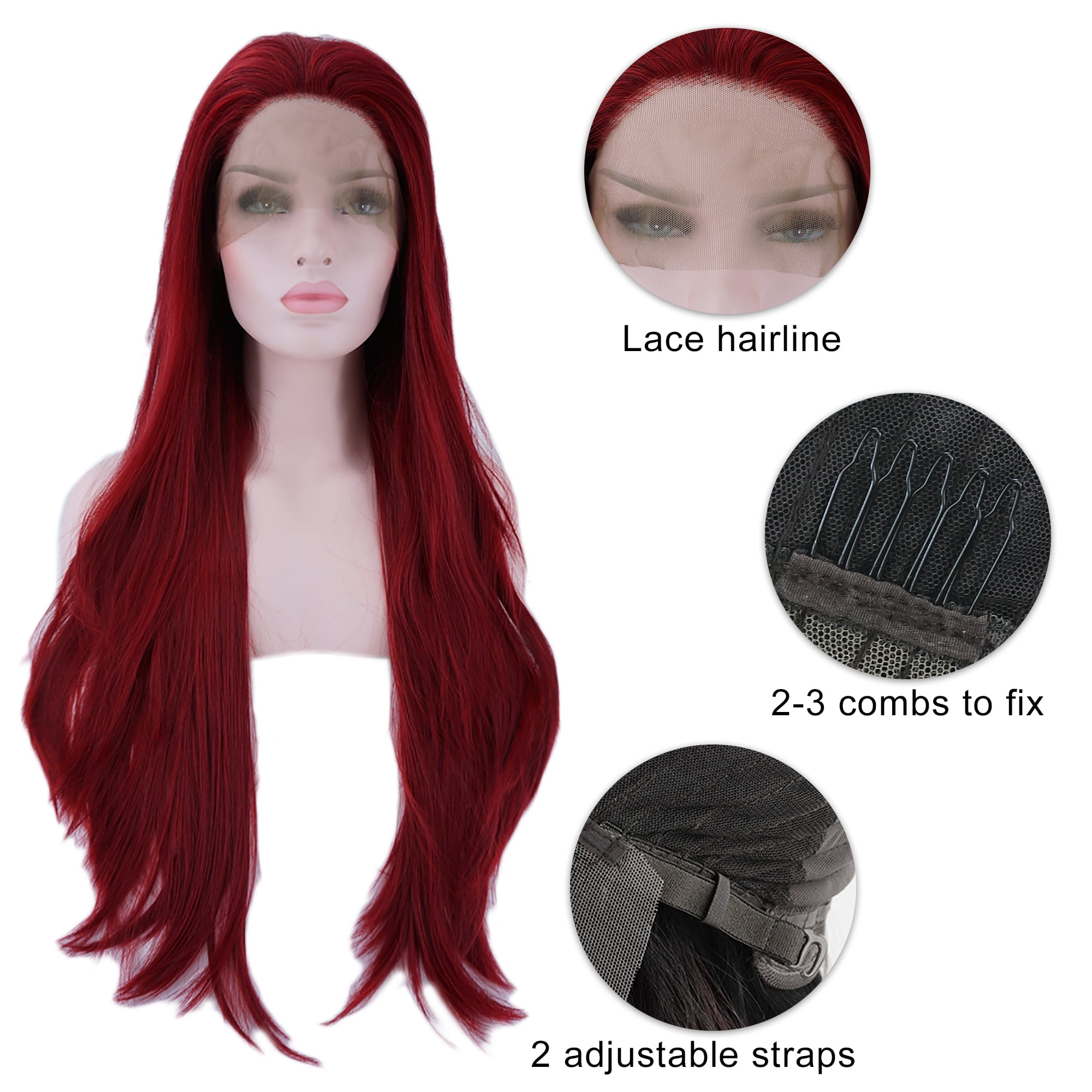 Unique Bargains Lace Front Wigs for Women 24" Fuchsia Long Straight Hair with Wig Cap