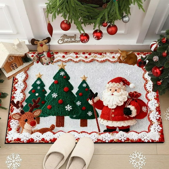 Woven Christmas Diatom Mud Mat - 23.6x15.7in Multicolor Non-Slip Polyester Door Mat, Soft Bath Entrance Rug for Bathroom Holiday Decor & Festive Home Accent
