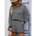 thumbnail image 4 of 2 Piece Sets for Women Summer Cute Stripe Long Sleeve Knit T Shirts Shorts Matching Lounge Set Black S, 4 of 8