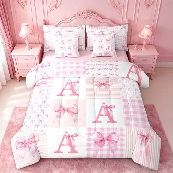 meiyoeat Ribbon Bow Letter Print 7 Pieces Full Size Bedding Sets For Girls,Pink Plaid Bowknot Alphabet A Full Size Bed in a Bag For Kids,Pink Reversible