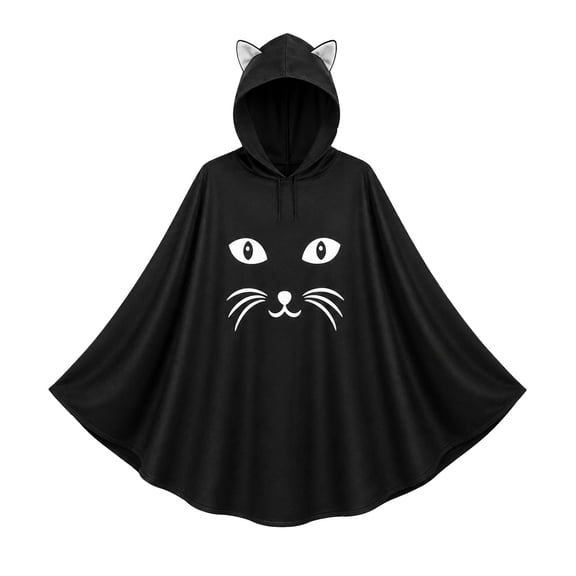 Yuncity Halloween Womens Hooded Cape Black Cat Ear Graphic Print Sleeveless Cloak Fall Winter Poncho Flowy Cosplay Party Performance Black