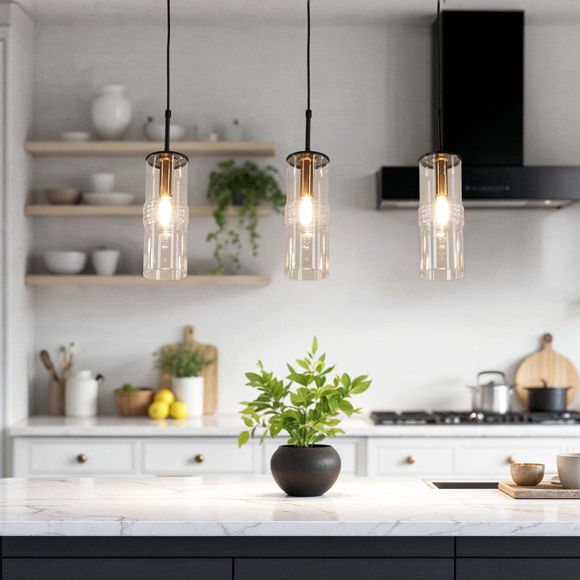 Kenroy Home Caulford 3-Light Adjustable Height Kitchen Island Light Fixture with Clear Glass Cylinder Shade for Kitchen Island, Dinning Room, Bedroom, Foyer, or Entryway, Black