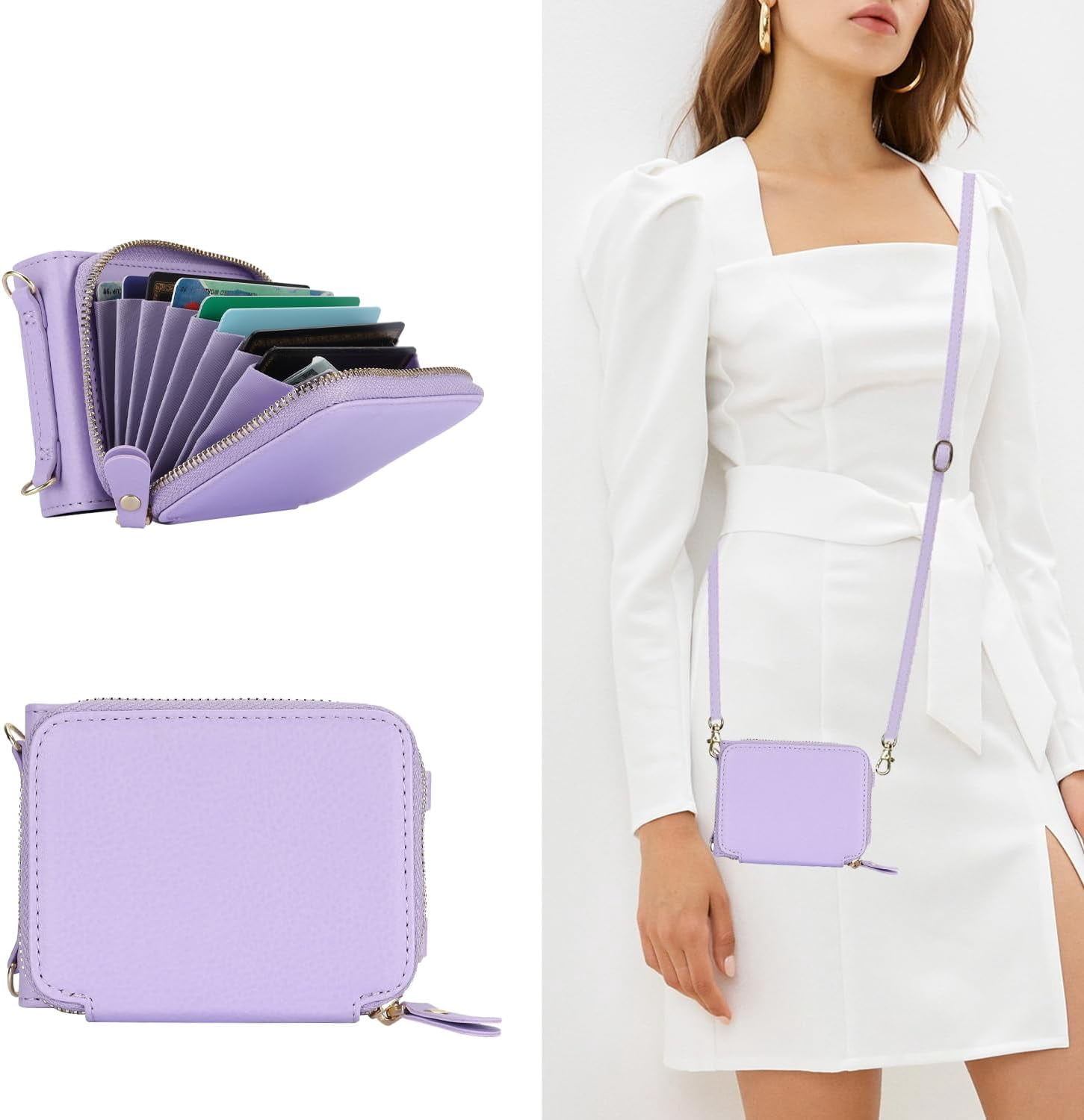 REQO Phone Case for Motorola Razr 40/Moto Razr 2023 Wallet Cover with Credit Card Holder Zipper Slot Shoulder Crossbody Strap Lanyard RFID Blocking Mobile TPU Cell Purse XT2323-6 Women Girls Purple