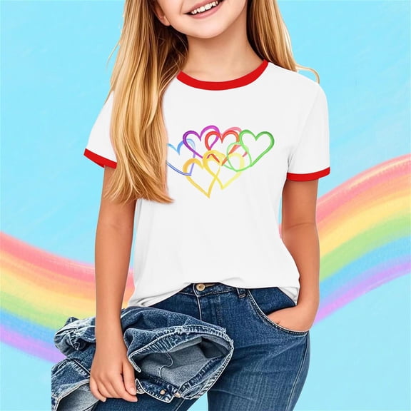 hengsof Girls Rainbow Printed T-Shirt Summer Fashionable Short Sleeve Crew Neck Top Soft Casual Daily Pullover 3-12 Years