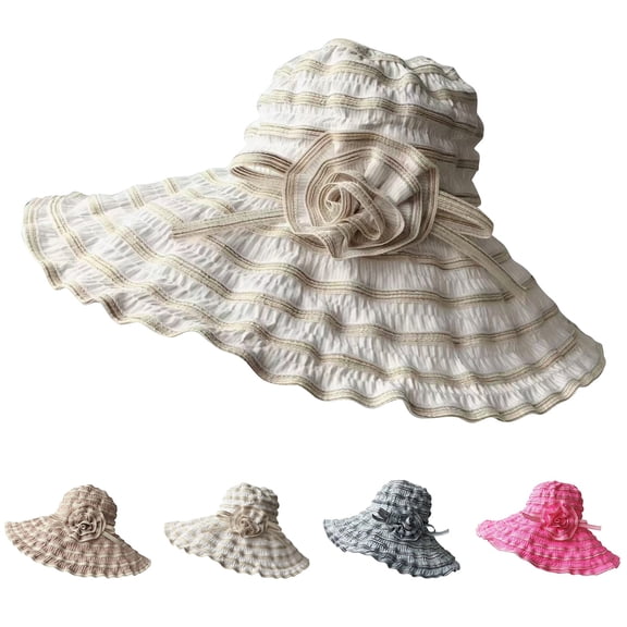 HuangHuanChen Women's Pleated Striped Sun Hat Wide Brim Floppy Hat UPF 50 UV Protection Wide Brim Bucket Hat Sun Hats for Women Hiking Fishing Hats Khaki One Size