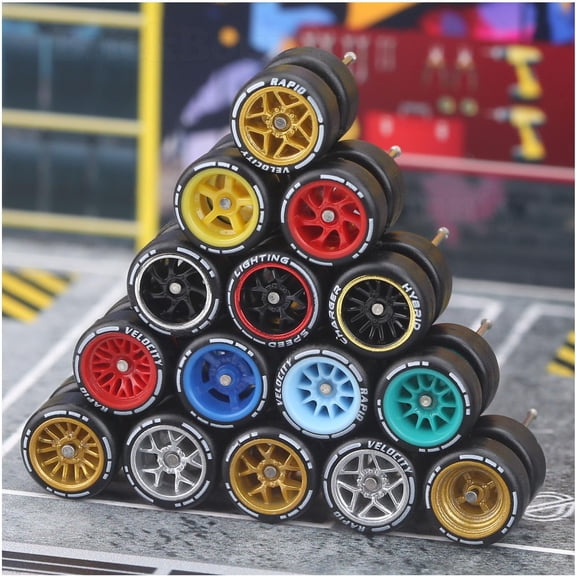10 Set 1:64 Rubber Wheels with Logo, Random Color Rim and Tire, Upgraded Components for 1/64 Miniature Model Cars and Toy Car