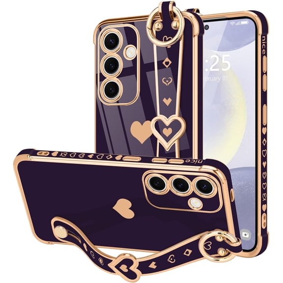 REQO for Samsung Galaxy S26 Case Cute Love-Heart Plating Strap Phone Cover for Women Girls Bling Silicone Camera Protection Bumper Shockproof Phone Case for Samsung Galaxy S26 5G