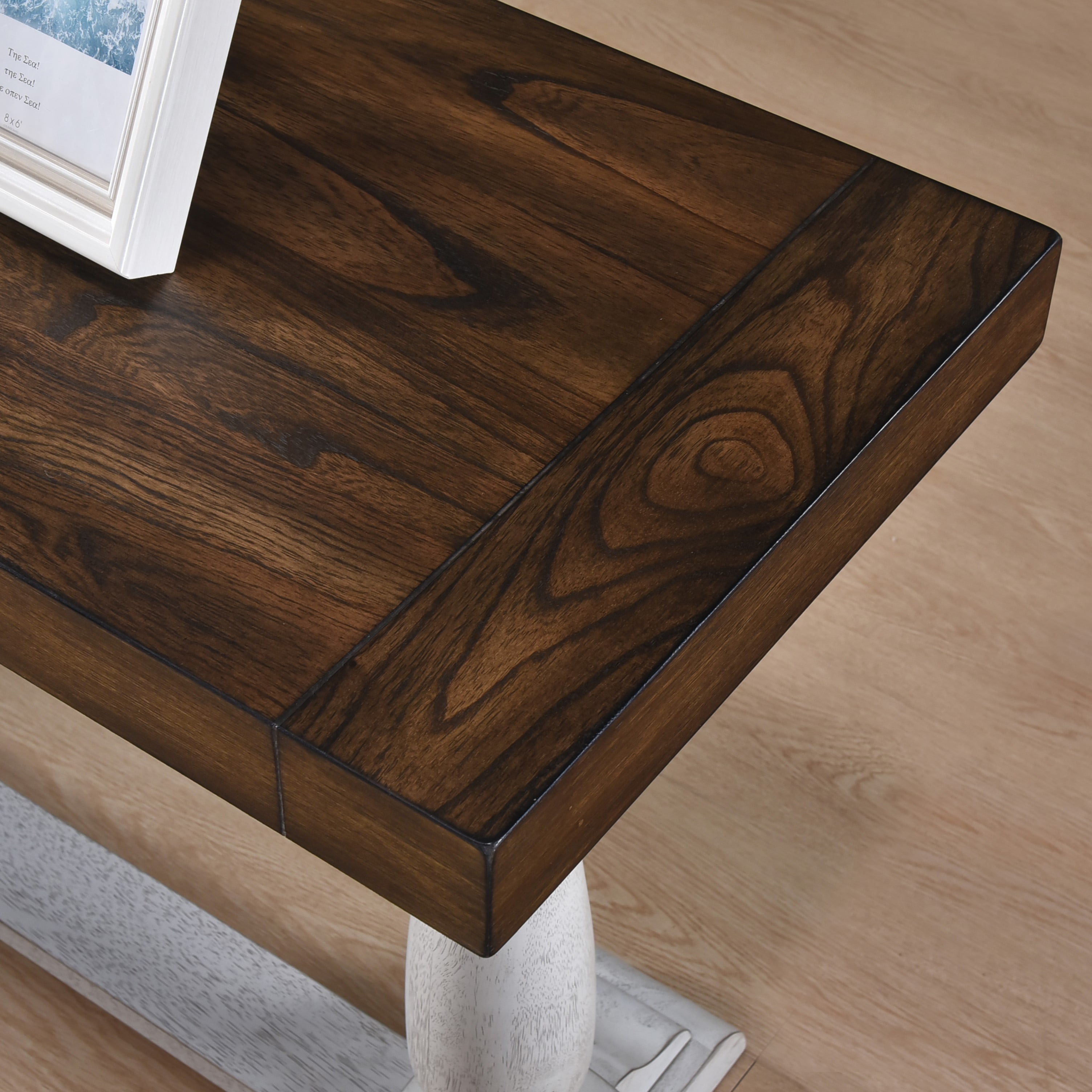 Lisonu Farmhouse Console Table with Storage Shelf, 50.2 Inch Solid Wood Sofa Table with Pedestal Legs, Entryway Table for Living Room, Antique White & Dark Oak