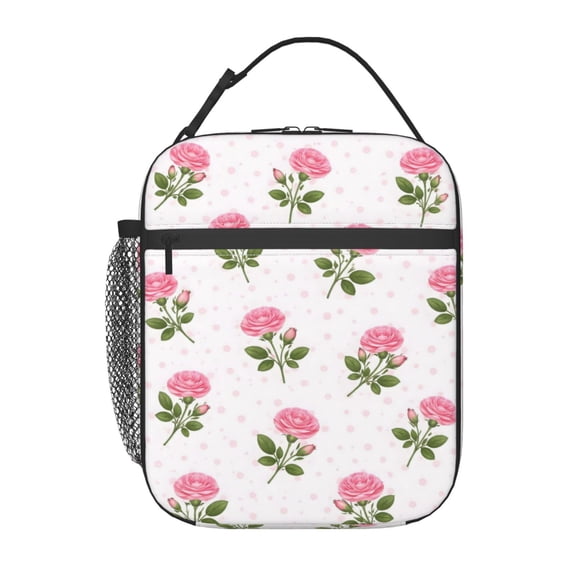 Pink Rose Floral Lunch Bag Portable Thermal Lunch Box for Men and Women