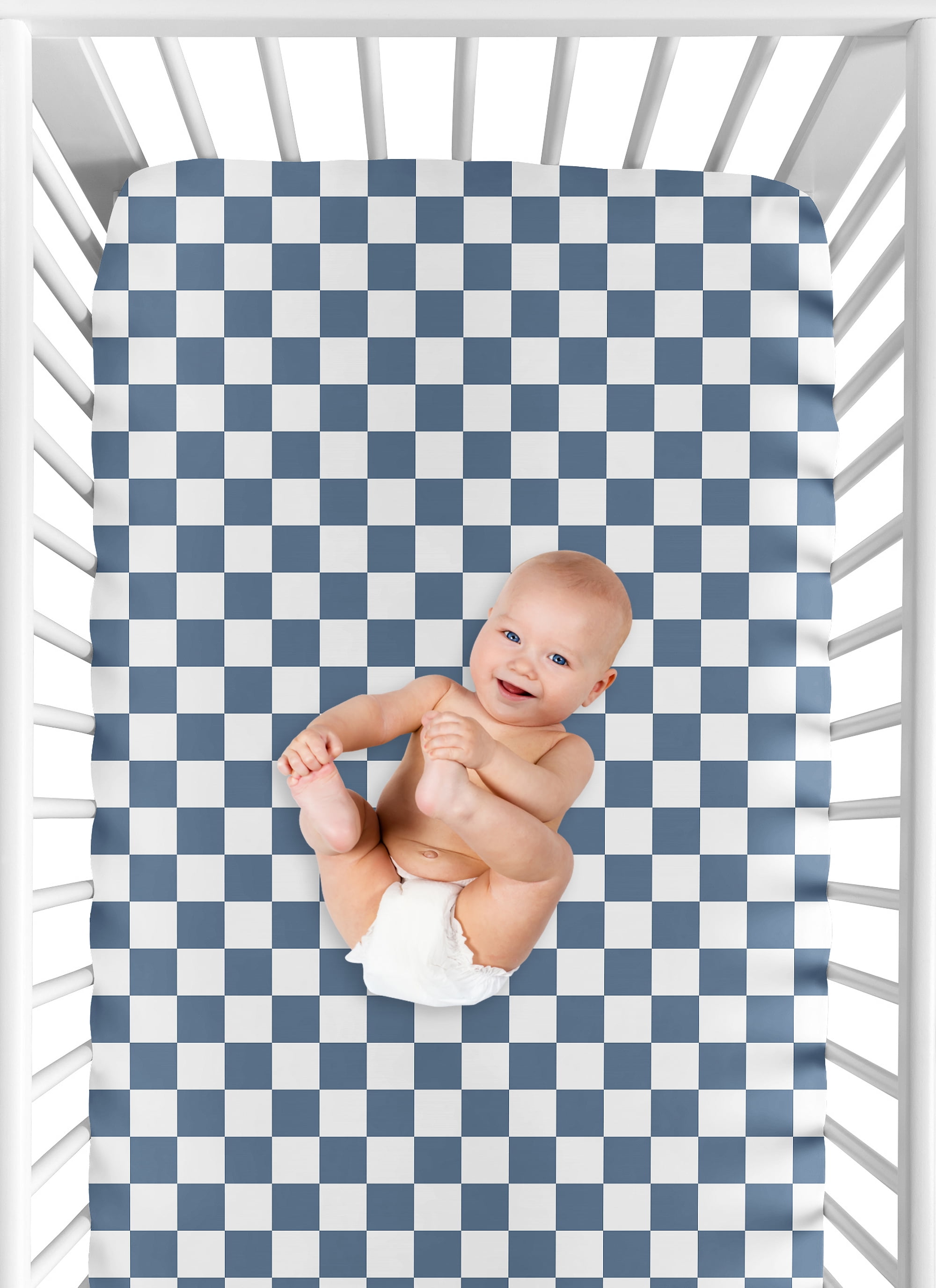 Sweet Jojo Designs Gingham Checkered Plaid Blue and White Boy, Girl, Unisex/Gender Neutral Fitted Crib Sheet