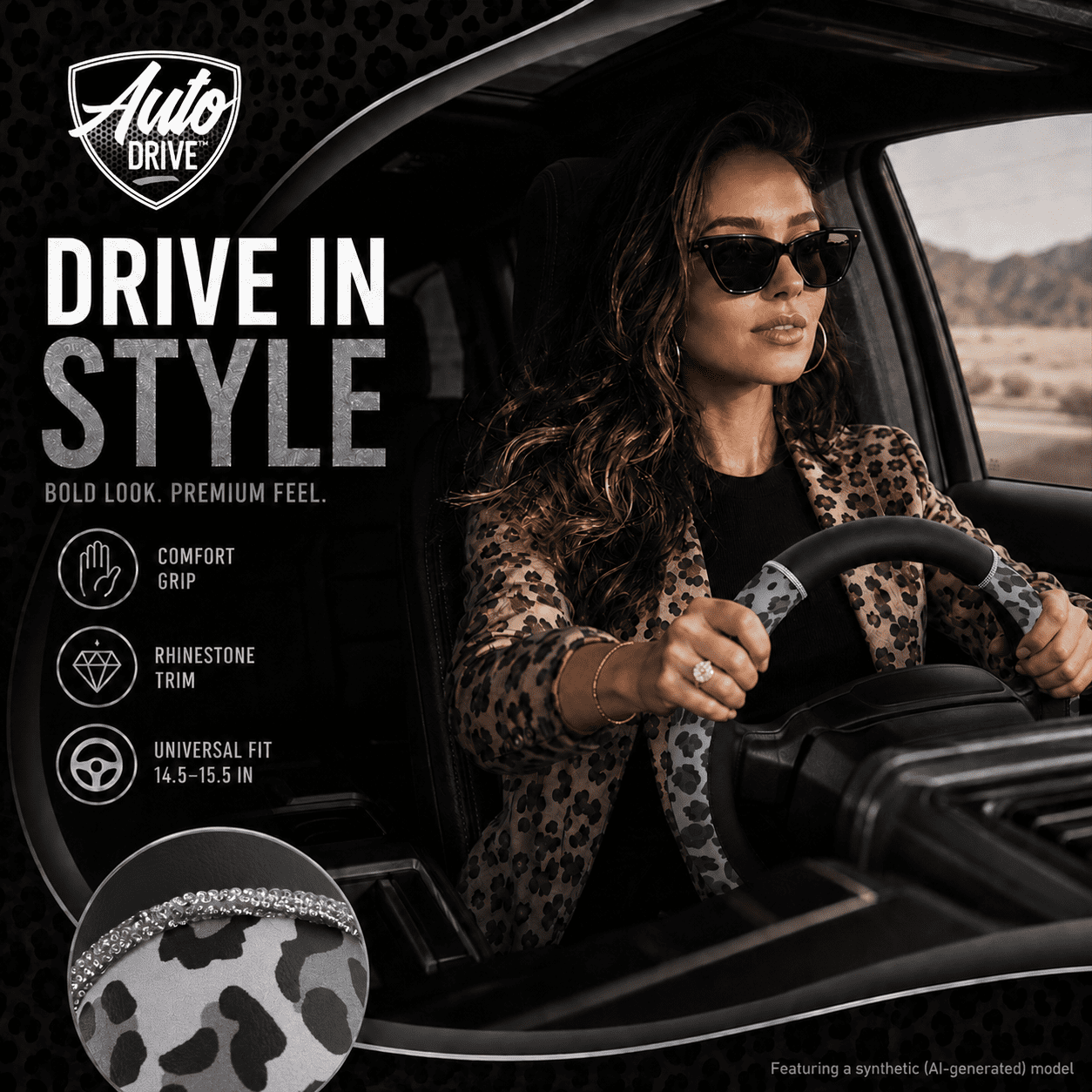 Auto Drive Steering Wheel Cover, Pink Leopard Print with Rhinestone Accents Steering Wheel Cover, Fashion Steering Wheel Cover,Non-Slip Grip, Universal Fit for Cars, SUVs & Truck,Gray