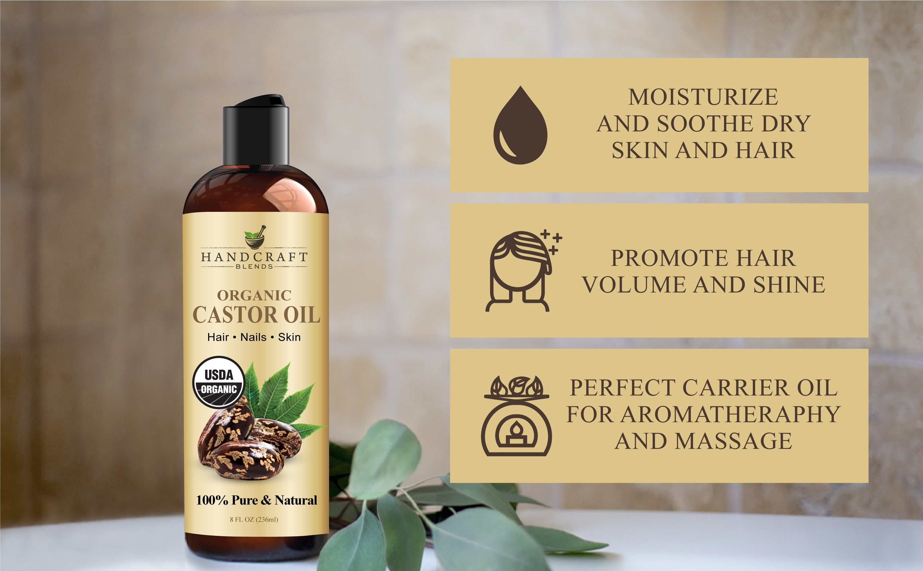 Handcraft Blends Organic Castor Oil for Hair, Eyelashes & Skin, 8 oz