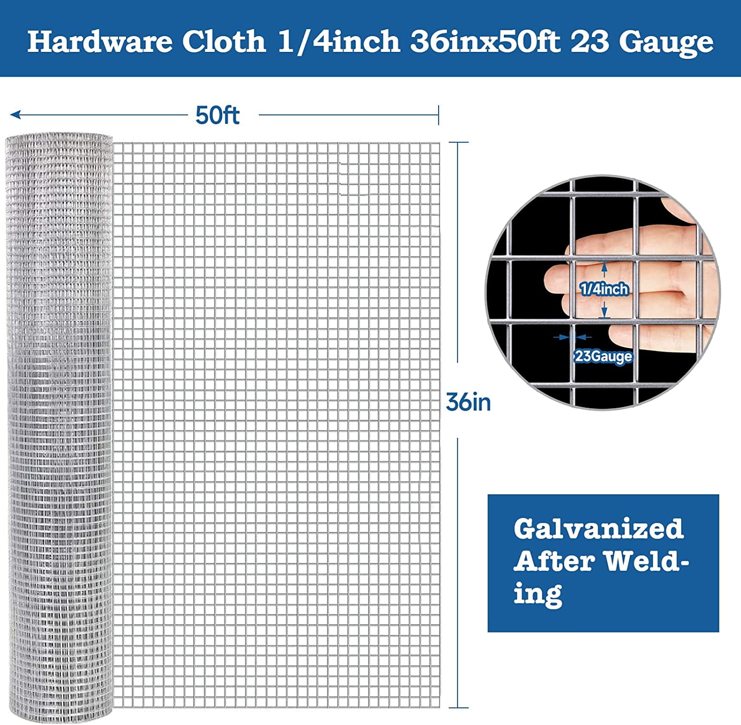 Amagabeli Hardware Cloth 1/4 36 x 50 Galvanized After Welding 23Gauge Wire Metal Mesh Roll Vegetables Garden Rabbit Fencing Snake for Chicken Run Critters Gopher Racoons Cage Wire JW002