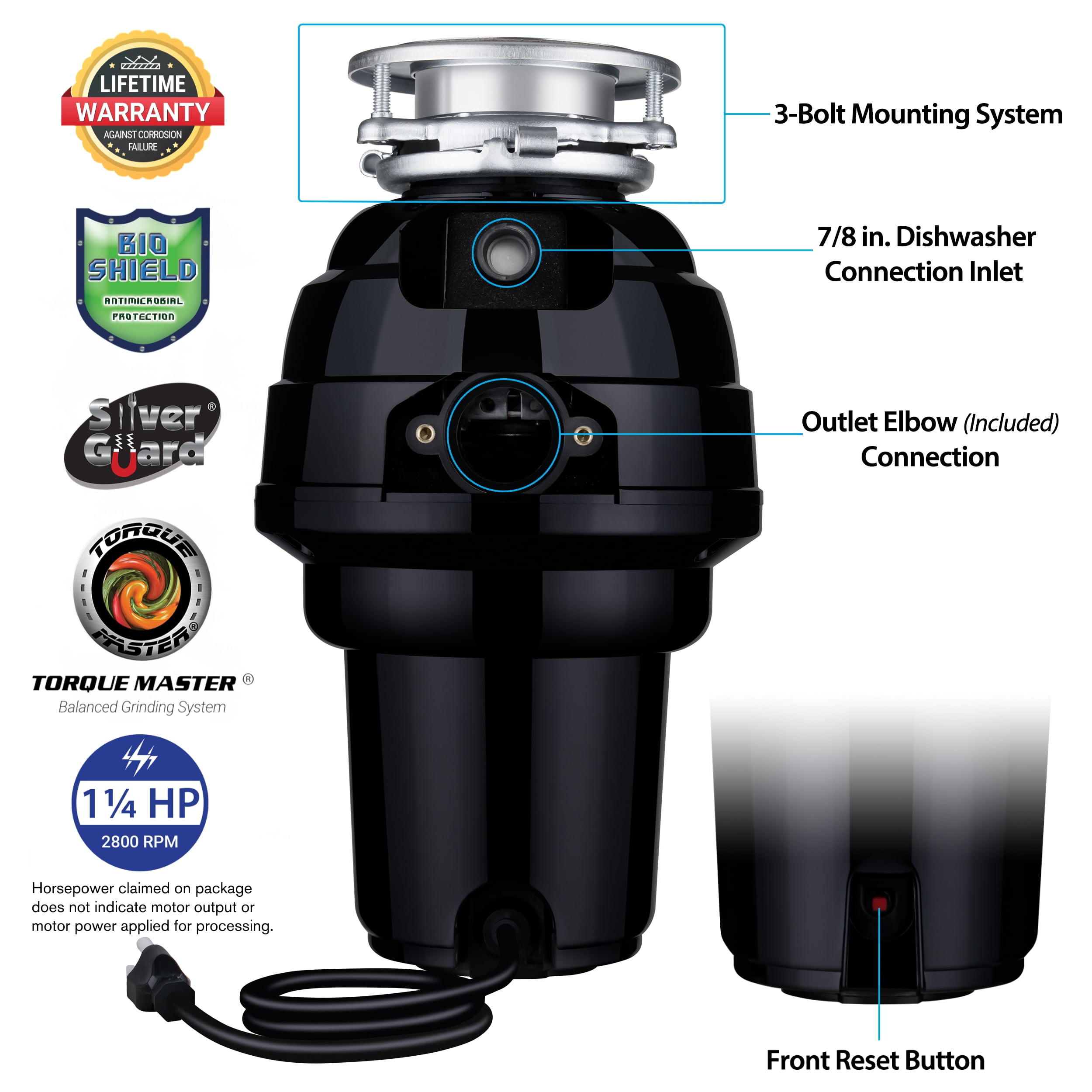 Waste Maid 1-1/4 HP Premium Garbage Disposal, Continuous Feed Disposer, Includes Attached Power Cord 10-US-WM-658-3B