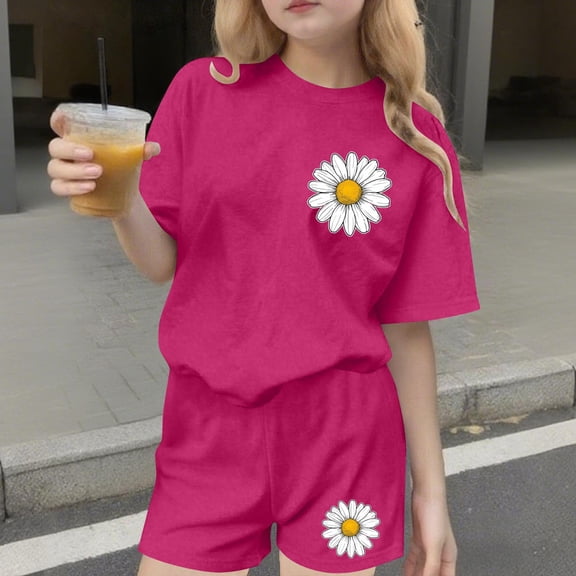 ITSAME Girls Outfits 2-Piece, Floral Print Short Sleeve Shirts and Shorts Loose Casual Clothes Set Hot Pink Size 13-14