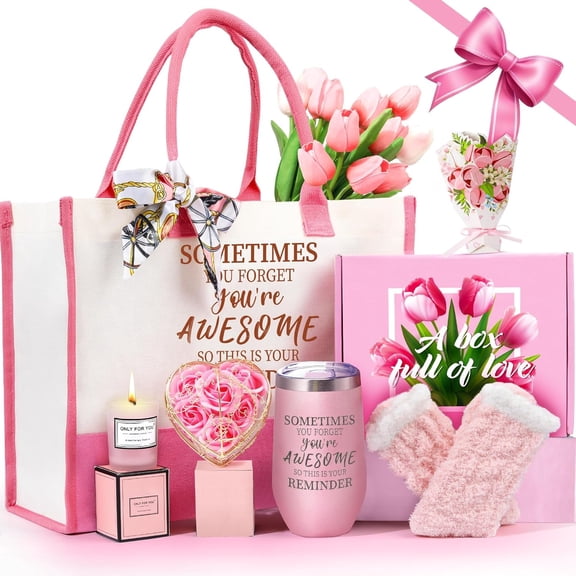 Christmas Gift baskets for Women, Christmas Gift Sets for Mom, Her, Wife, Girlfriend, Care Package for Women, Birthday Unique Gifts, Holiday Gifts Basket with Canvas Tote Bag Sock Tumbler Flower Pink