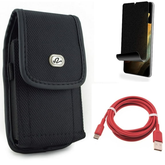 6ft USB-C Cable & Privacy Screen Protector & Case Belt Clip for Samsung Galaxy S22 Plus (S22 ) - Combo Red Charger Cord Power & TPU Film (Fingerprint) Anti-Peep & Rugged Holster