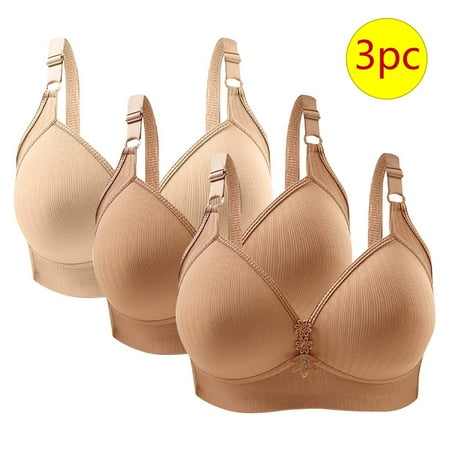 LYEAA Comfortable Bras No Wire 3 Pack of Push Up Wireless Bra Full Figure Lifting Adjustable Strap Everyday Bra Under Outfit Bra Solid Breathable T-Shirt Bra Sleep Bra Shapewear Bra Brown 42/95