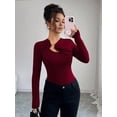 thumbnail image 5 of Women's Metal Ring Long Sleeve Asymmetrical Neck T Shirt Slim Fit Ruched Going Out Tops Wine Red XXL, 5 of 9