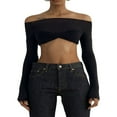 thumbnail image 1 of Women Off Shoulder Long Sleeve Top Mesh Ruched Slim Fit Crop T Shirt Sheer Blouse, 1 of 5