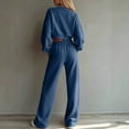 thumbnail image 5 of Sweatsuits Women 2 Piece Outfit 2026 Solid Drawstring Wide Leg Sweatpants Crew Neck Long Sleeve Cropped Tracksuit Dark Blue XL, 5 of 7