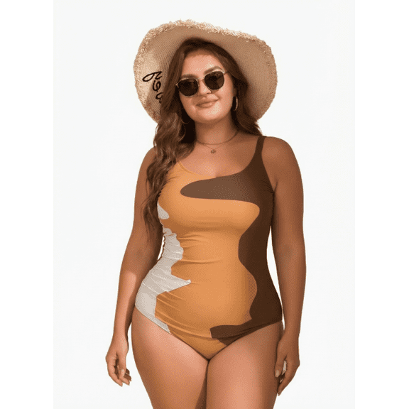 2026 New Plus Size Women's Orange Brown and White Color Block One Piece Swimsuit – U-Neck Bathing Suit for Beach and Pool