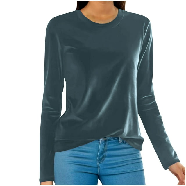 Lenpel Hauts en Velours pour Femmes Grande Taille Habillés Décontractés Col Rond Manches Longues T-Shirts en Velours Tuniques Amples Blouses (Bleu Clair, 4TG)