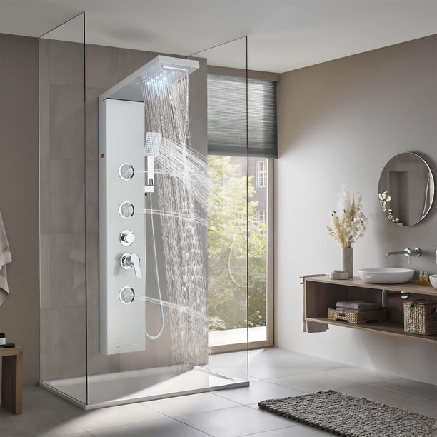 Sistema de panel de ducha 5 en 1 con LED, cabezal de lluvia y cascada, 3 jets ajustables, cabezal manual, llenador de bañera, sistema de torre para ba