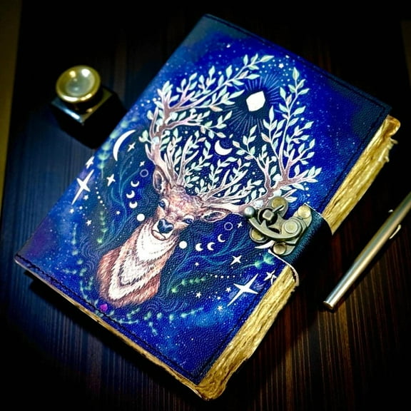 Handmade Leather Celestial Deer Journal, 5x7” Vintage Notebook with 200 Handmade Pages & Antique Clasp – Cosmic Nature Writing Diary