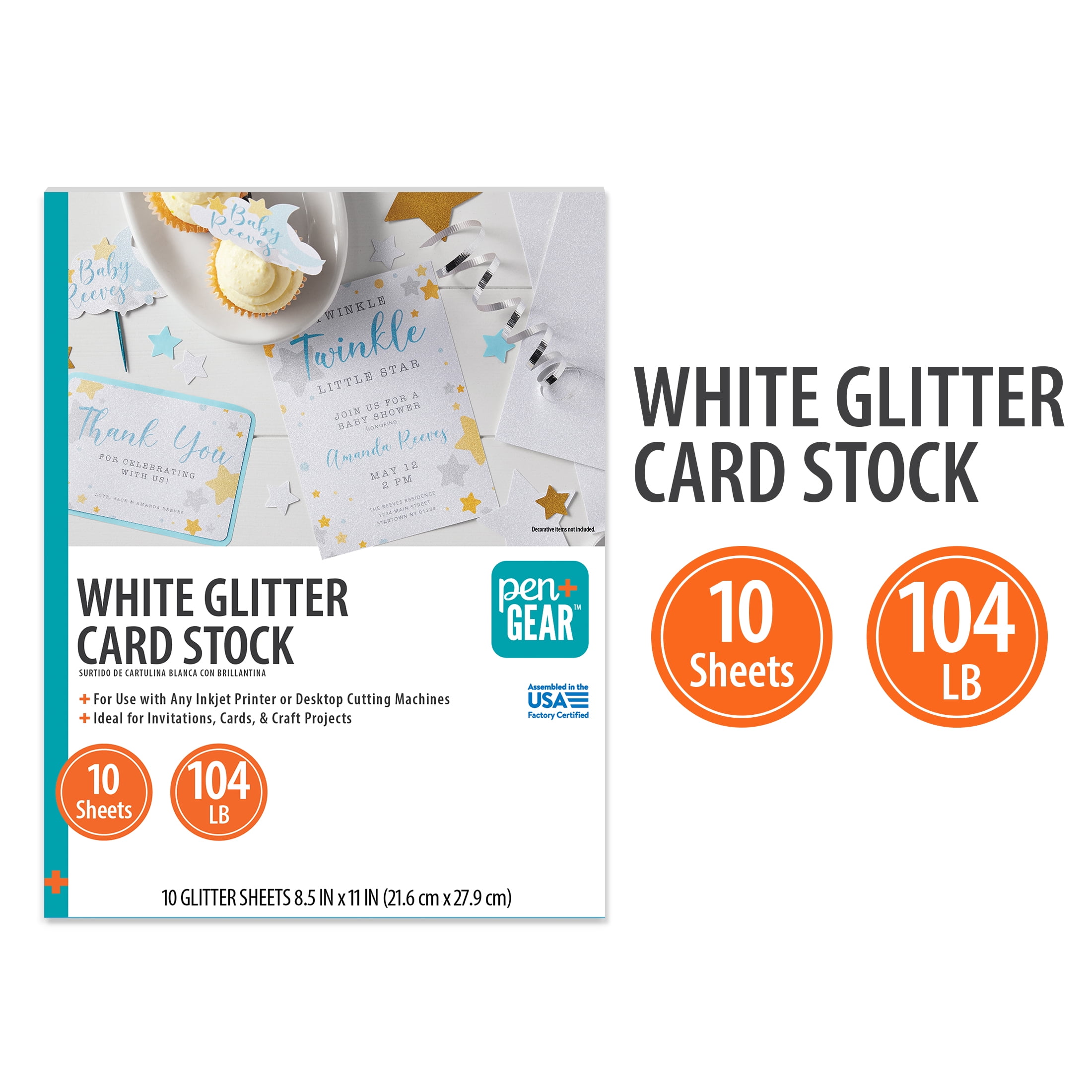 Pen+Gear White Glitter Card Stock, 8.5" x 11", 104 lb, 10 Sheets