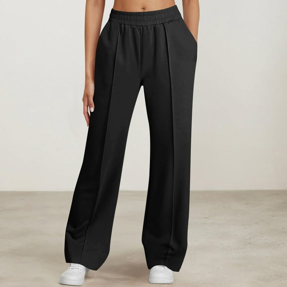SYMOID Womens High Waisted Wide Leg Pants - Polyester Spandex Blend, Elastic Waistband, Side Pockets - Black,Size L