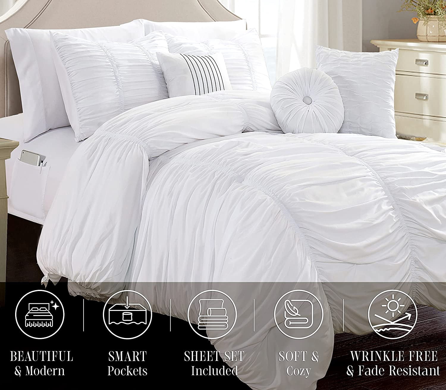 Mocassi 10pc Pleated Bed-in-a-Bag, Ruched Ruffle Comforter Set Featuring Decorative Pillows and Fitted Sheet Full/Queen, White